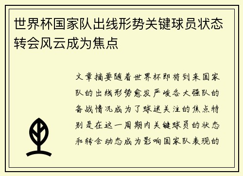 世界杯国家队出线形势关键球员状态转会风云成为焦点 世界杯国家队出线形势关键球员状态转会风云成为焦点