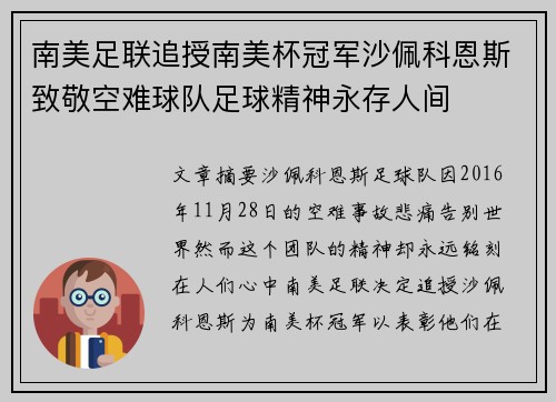 南美足联追授南美杯冠军沙佩科恩斯致敬空难球队足球精神永存人间 南美足联追授南美杯冠军沙佩科恩斯致敬空难球队足球精神永存人间